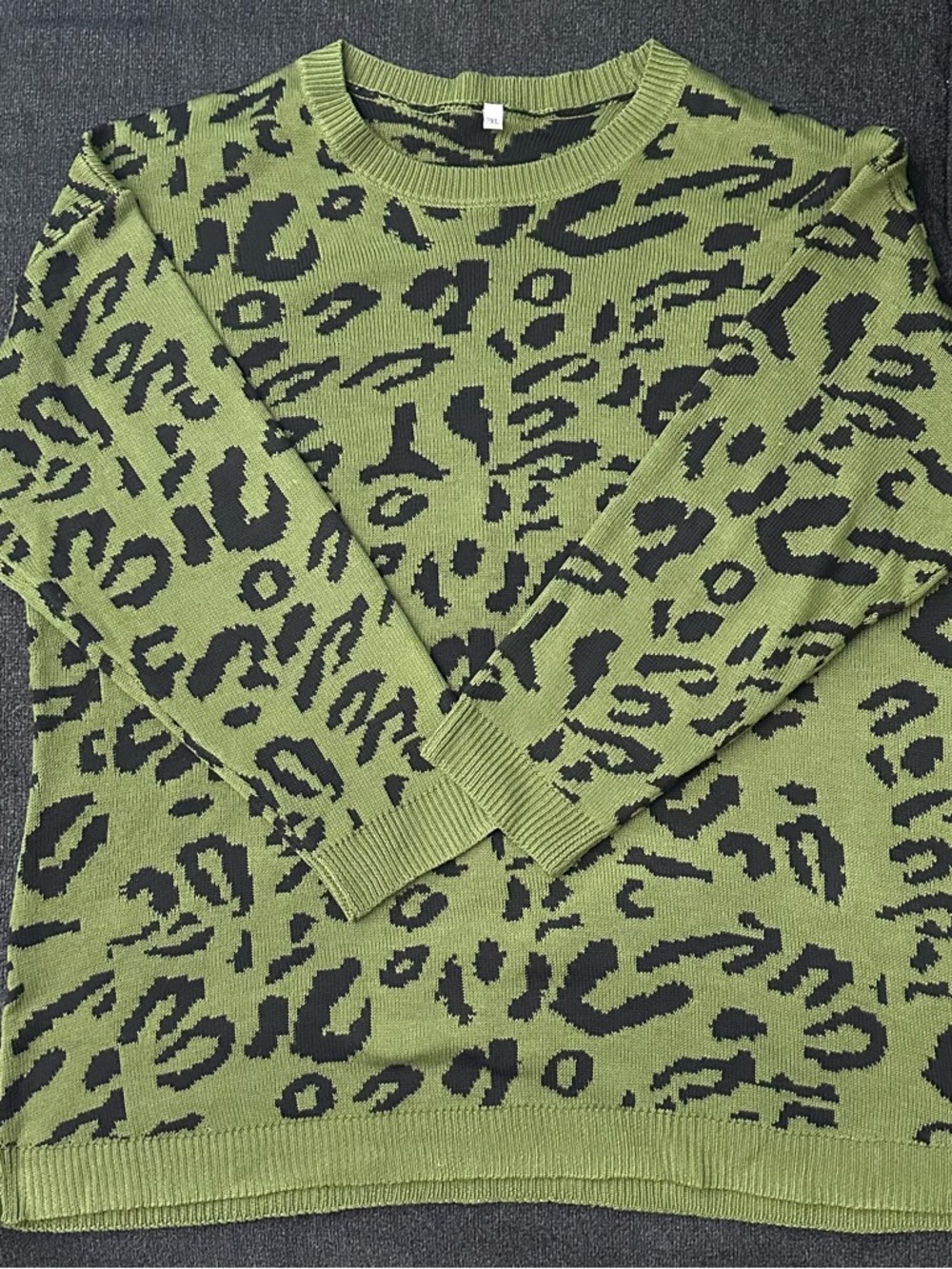 Olive Green Leopard Print Crewneck Tunic Sweater - Women New Never Worn
